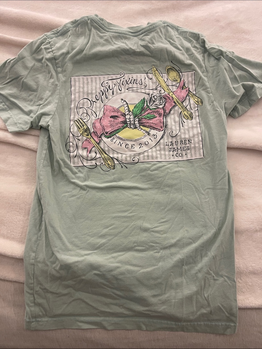 Lauren James Seafoam Graphic Tee with Pink Bow & Gold Cutlery Print